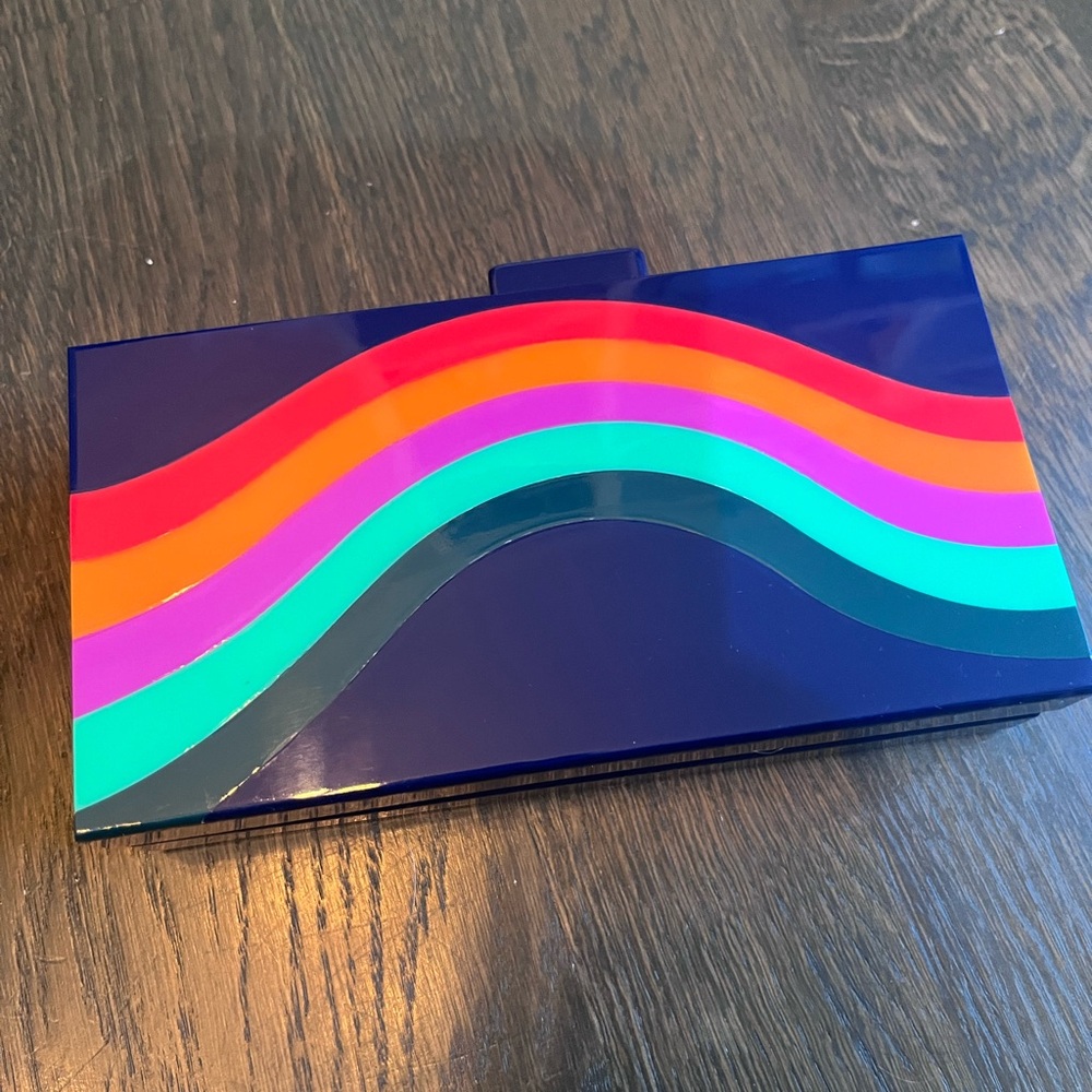 Trina Turk blue rainbow Box Clutch Acrylic Removable Chain Purse